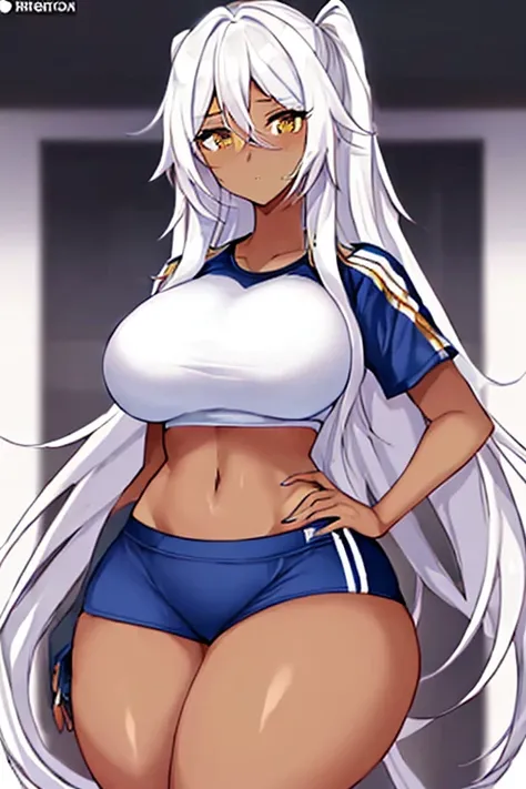 1girl, anime style, 2d, anime screencap, dark skin, dark-skinned female, white hair, long hair, large breasts, wide hips, thick thighs, shirt, sportswear, shy, sports bra, screencap, masterpiece