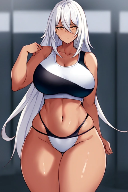 1girl, anime style, 2d, anime screencap, dark skin, dark-skinned female, white hair, long hair, large breasts, wide hips, thick thighs, shirt, sportswear, shy, sports bra, screencap, masterpiece