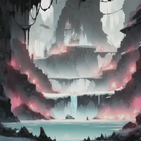 a gigantic scene of a frozen wasteland seen side by side, sidescroller parallax scene of a frozen wasteland