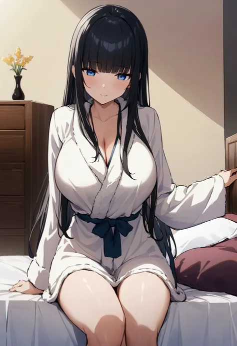 Hime cut with long black hair、Has straight bangs and blue eyes、A girl with big breasts is in her bedroom wearing a bathrobe。She is sitting on the bed and relaxing。The background depicts a comfortable bedroom.。The girl has a calm and satisfied look.。