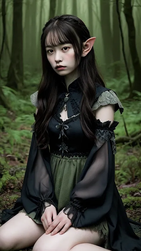 A young elf girl with pointed ears and long, wavy dark hair, wearing an intricate, dark, and magical outfit, sitting in a forest with a small, black dragon in her lap. The scene is mystical and slightly eerie, with the girl and dragon sharing an intense, a...