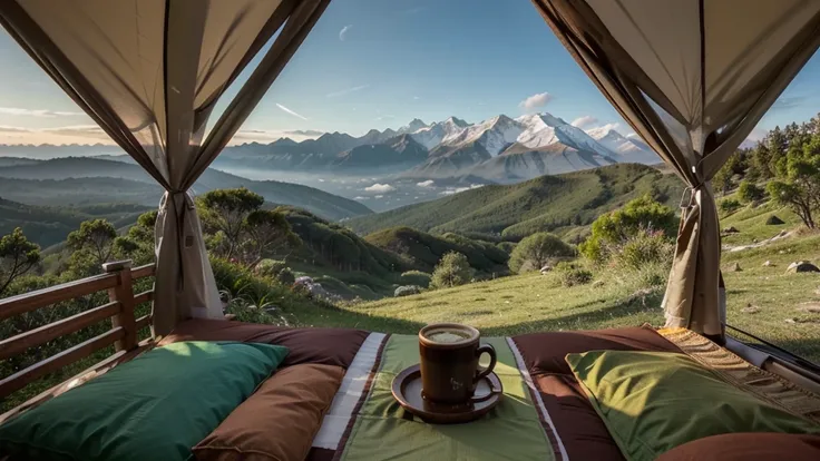 image, hot coffee, fragrant coffee on the mountain top in the morning, beautiful nature, colorful tents, warm atmosphere, green trees.