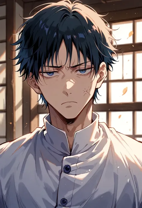 boy, JUJUTSU KAİSEN, megumi, Bblack hair, blue colored eyes, tired look