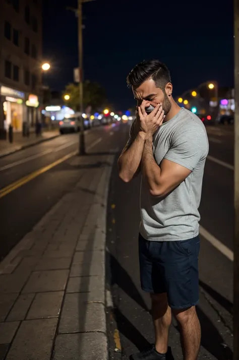 Man crying on the sidewalk at night , With the full moon