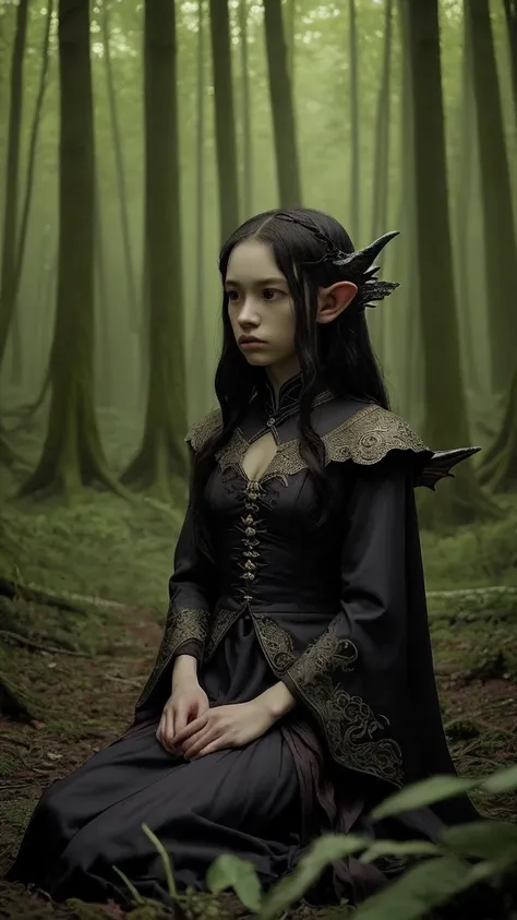 A young elf girl with pointed ears and long, wavy dark hair, wearing an intricate, dark, and magical outfit, sitting in a forest with a small, black dragon in her lap. The scene is mystical and slightly eerie, with the girl and dragon sharing an intense, a...