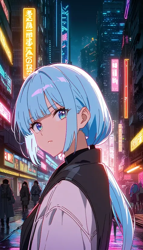 a cool woman with light blue hair, straight bangs, side locks, long pony tail, sparkling blue eyes, head tilted up, anime style, makoto shinkai anime movie poster, cyberpunk background, cyberpunk buildings in the background, hong kong, sci-fi city, neon li...