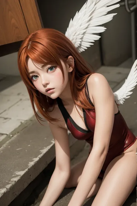 Anime

Angel girl, with brown and red hair, right eye is green and left is red 
