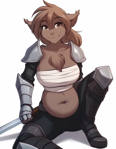 solo, tknanie, keidran, mammal, pantherine, natani_(twokinds), natani twokinds, twokinds, personalami, rating:safe, white background, white_background, brown fur, brown hair, brown eyes, female, big breasts, chest_wraps, wraps armor knight suit hands on sw...