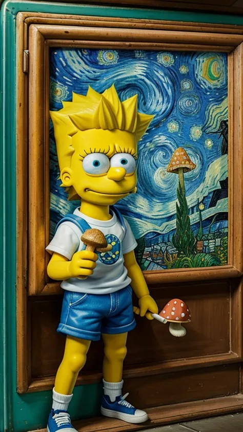 Teenager Bart Simpson is alone, high on medicinal cannabis, holding a magic mushroom inside a Van Gogh painting and Bart has red veins in the whites of his eyes. 