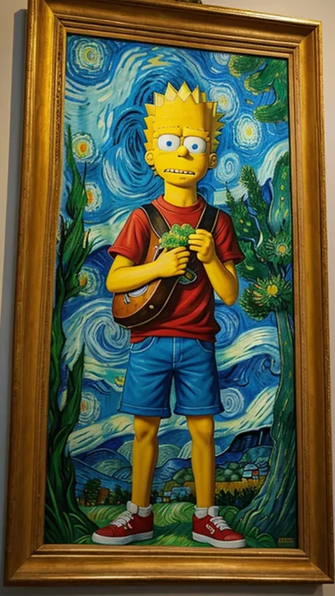 Teenager Bart Simpson is alone, high on medicinal cannabis, holding a magic mushroom inside a Van Gogh painting and Bart has red veins in the whites of his eyes. 