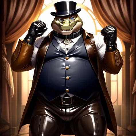 Solo, Male, fat, extremely obese, gentleman, dapper Professor Crocodile, blue eyes, (posing:1.3), (soft shading), 4k, hi res, ((detailed face, detailed)), looking at viewer, mouth wide open, steampunk, collared shirt with buttons, top hat, male focus, Expl...