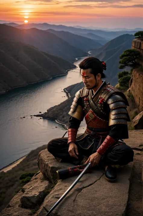 Traditional samurai warrior meditates on the cliff with wounds on his body and bleeding eye, during sunset.