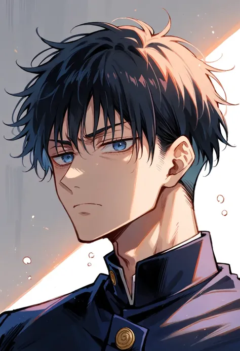 boy, JUJUTSU KAİSEN, megumi, Bblack hair, blue colored eyes, tired look, black uniform