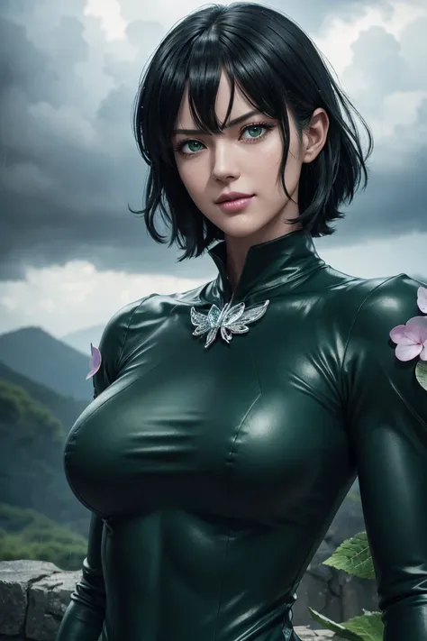 The best one,One Punch Man,Fubuki from Hell,Emerald green eyes,Beautiful black hair,Bangs down,Light green inner hair,Black long dress,Photorealistic,Ultra HD,high quality,masterpiece,Digital SLR,Detailed details,Intricate details,Anatomical basis,Depicted...