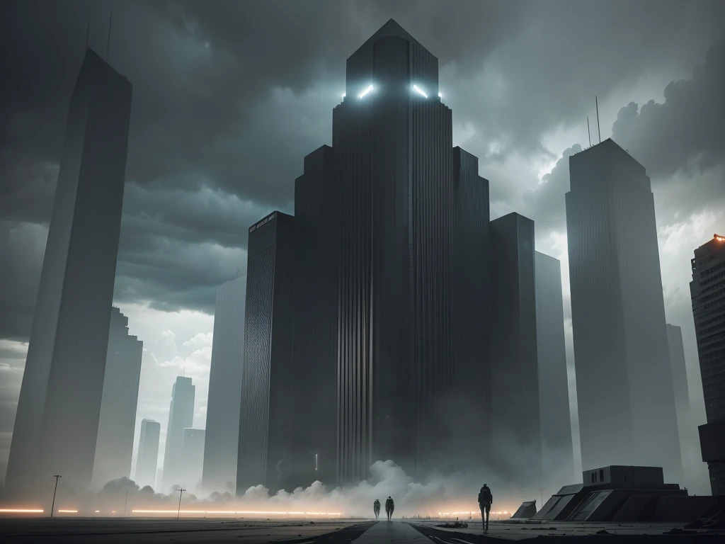 Photo of a huge dystopian secret facility, futurist, blade runner style, APOCALYPSE, grey sky, a huge symmetrical cinematic scene