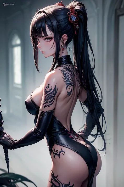 ((Masterpiece, Wlope style, Artwork, Portrait, Half body)) Beautiful and elegant yakuza girl DRAMATICALLY looking at her right side, no top dress, Big Dragon Tattoo at back, Detailed mask Background, Dark Ambient Lighting, Shot taken from back, Fantasy, De...