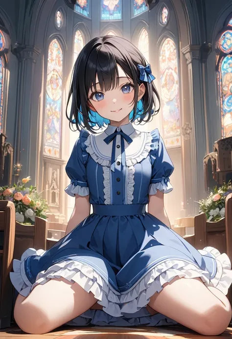 very cute and beautiful girl,(Very detailed美しい顔), (smile),blush,Black Hair,View your viewers,(A blue lolita dress with a floral pattern and detailed frills),Fine lace, Sitting,(Spread your legs),Put your arms behind your back,(White panties),altar,church,i...