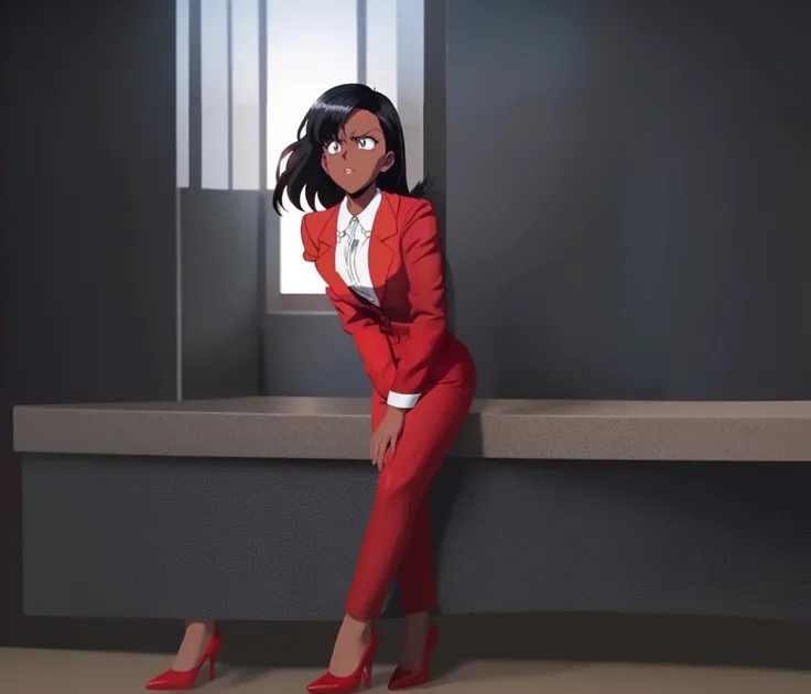 90s anime Evil black skinned business woman in a red suit and  red skirt and red heels and long red sleeves 