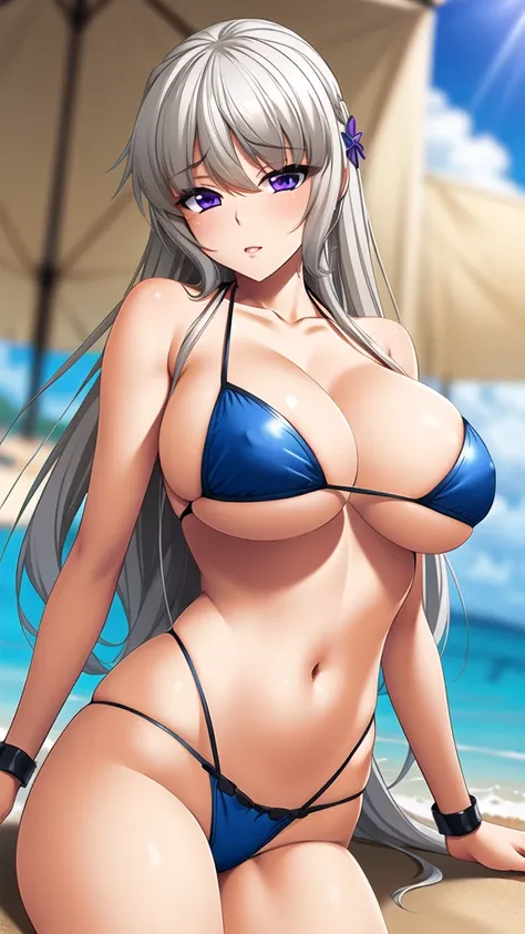 Purple Eyes、Long Hair、Silver Hair、(1 girl)、anime - style image of a woman in a bikini on the beach, , realistic bikini, at the beach, bikini armor, on a sunny beach, in the beach, is wearing a swimsuit, at the sea, bikini-armor, biomechanical oppai, at a b...