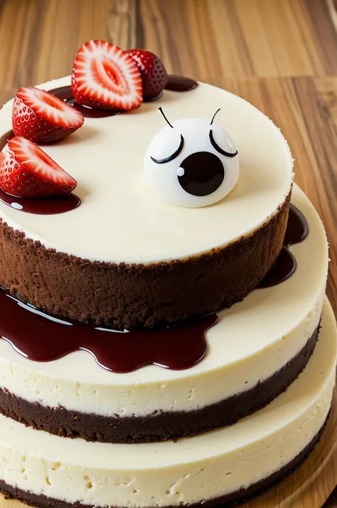 Create the image of a cheesecake, with cartoonish eyes and a mouth so that one is savoring 