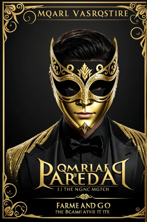 Formal masquerade night themed flyer, that there are no people, black and gold 