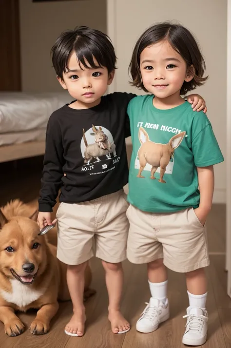 I want a little boy with a donkey shirt and a caramel dog