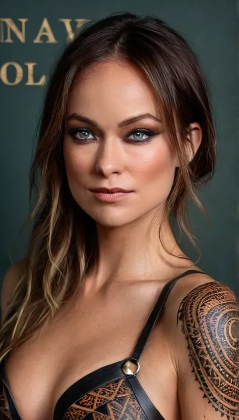 dark fantasy, (realistic, photo-realistic:1.37), (full body shot:1.4), (ohwx woman), Olivia Wild with tribal tattoos on neck and arms, glowing eyes, dark makeup, fantasy world, tribal patterns on the tattoos, wearing fantasy art bra and leather tight trous...