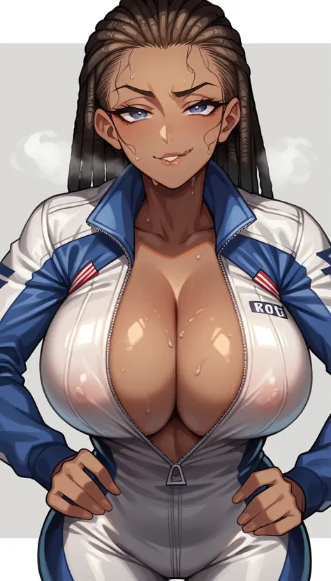 1 girl,dark skin,dreadlock hair,big breasts,whole suit,racing suit,big breasts,unzipped,cleavage,sweating,heavy breathing,kabedon pov,look at viewer,standing,stiff nipples,smug,biting own lips,(masterpiece,detailed texture,hiquality