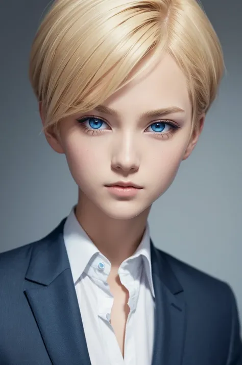 ((best qualityer)), ((work of art)), (detailded), 1 men, anime style, Youngh, short blonde hair parted to the sides, amber eyes, blue lawyer clothes.