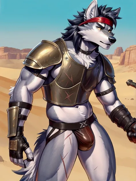 Solo Sexy young anthro furry wolf ancient desert solider, slim slim muscular, anthro handsome gay muzzle, shagy shag shag headband, handsome gay model male apperance, sword scars, worn out skimpy armament, low on hips heavy leather belt, old very worn out ...