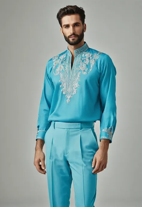 A man wearing a cyan blue blouse and pants with angelic details (inverted handle) in a 4x3 photo