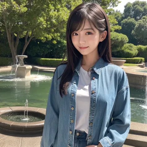 HD detailed, Super detailed, Realistic,Hyperrealism,Best image quality、Highest quality、masterpiece、Ultra-high resolution、8K、immature、Like the picture:1.5、Professional Lighting、Park fountain、Young Japanese Woman,Small face、Stylish、、Slender、、A kind smile、Wea...