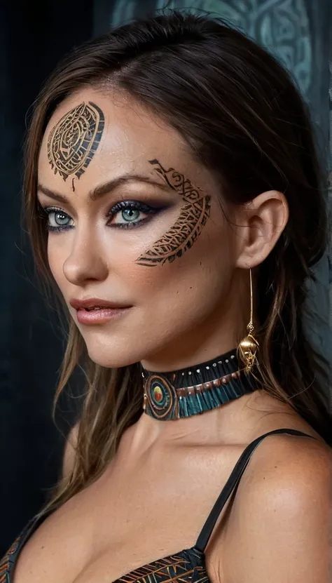 dark fantasy, (realistic, photo-realistic:1.37), (full body shot:1.4), (ohwx woman), Olivia Wild with tribal tattoos on neck and arms, glowing eyes, big tits, dark makeup, fantasy world, tribal patterns on the tattoos, wearing fantasy art bra and latex, ho...