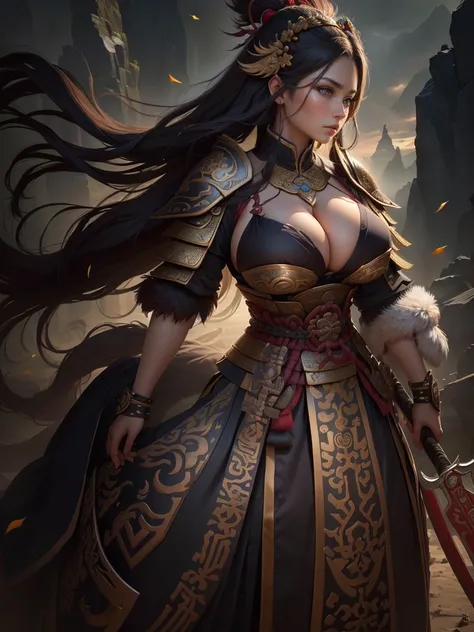 a woman with a large axe and a feathered head, inspired by Hu Zaobin, berserker potrait, guan yu, bian lian, sun wukong, mongol, inspired by Huang Shen, inspired by Li Gonglin, tai warlord, inspired by Wu Bin, wukong, inspired by Li Kan, naranbaatar ganbol...