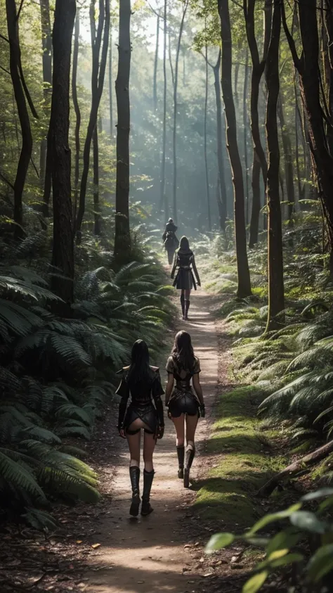 Slim, 3 teen girls, nsfw, fantasy setting, chained together, walking down a forest trail, mean looking warden walking next to them