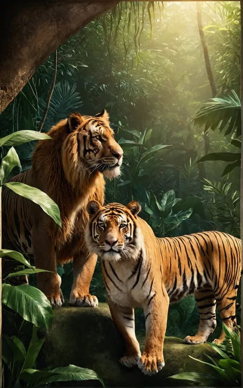 a tiger and a lion in the jungle