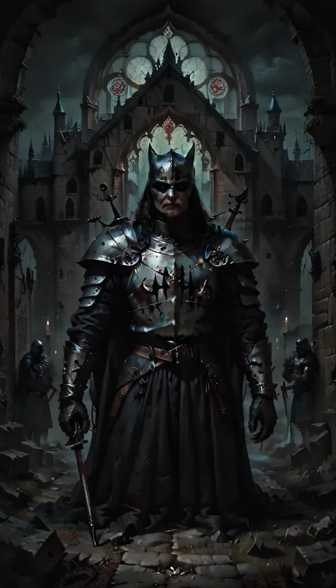 batman dark knight,medieval knight,crossbow,heavily armored,intricate armor,medieval castle,moody lighting,cinematic,dramatic li...