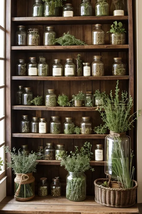 Herbal Apothecary: "A quaint herbal apothecary corner with jars of dried herbs, green plants, and vintage labels