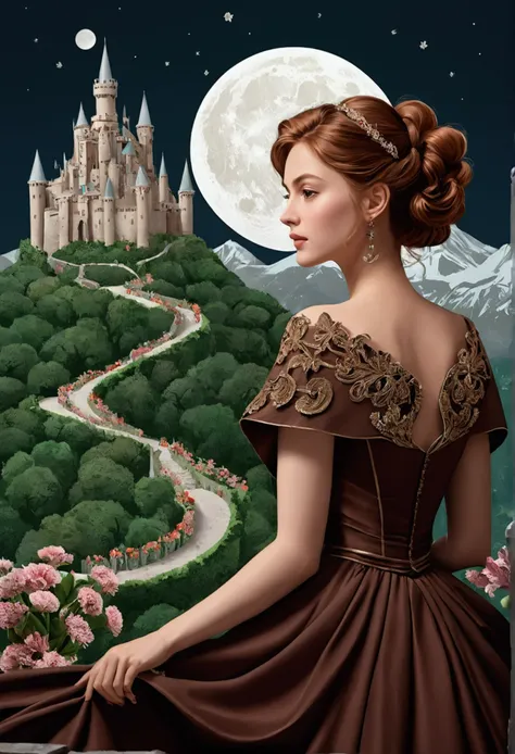 (work of art),(best qualityer), illustration, (fancy:1.4), work, cut-ine detailed digital art, beautiful  face, chestnut hair, hair up, castle, moutain, dark colored long dress, a moon, flowers , paper_cut-in