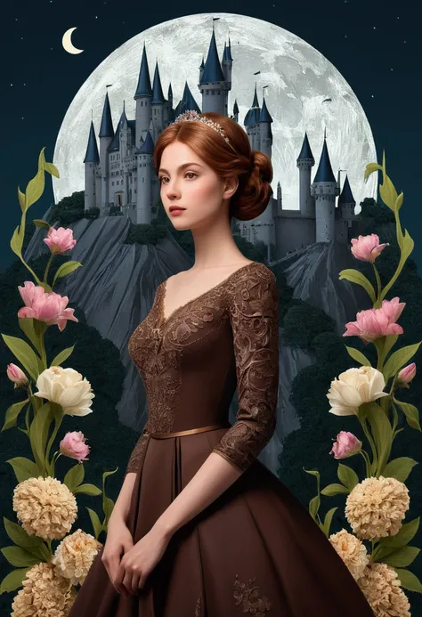 (work of art),(best qualityer), illustration, (fancy:1.4), work, cut-ine detailed digital art, beautiful  face, chestnut hair, hair up, castle, moutain, dark colored long dress, a moon, flowers , paper_cut-in