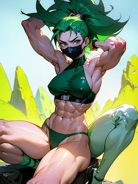 18 year old anime muscle mommy with highligter green hair and pale skin in a neon green thong bikini, and wearing a black surgical mask, flexing her muscles with her hands behind her head so they are not visible to pridefully showing off her rock hard abs ...