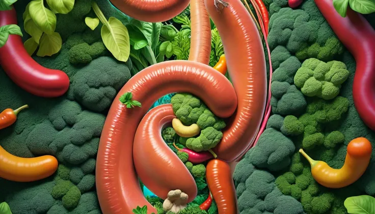 Human digestive system represented as an internal garden. Healthy foods enter at the top, transforming into nutrients that feed the "plants" in the garden. Surrealist style with vivid colors and botanical details, high definition, realistic style, cinemati...