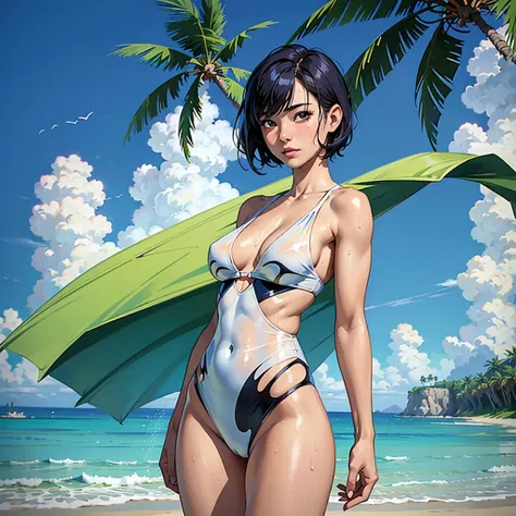 ((highest quality, masterpiece, High resolution)), ((reality)),Photos of beautiful Japanese women,((anime art))、 (((1 girl))), normal size breasts, slim body shape,  medium short hair, double eyelid, Wet see-through one-piece swimsuit,,  A pareo with bold ...