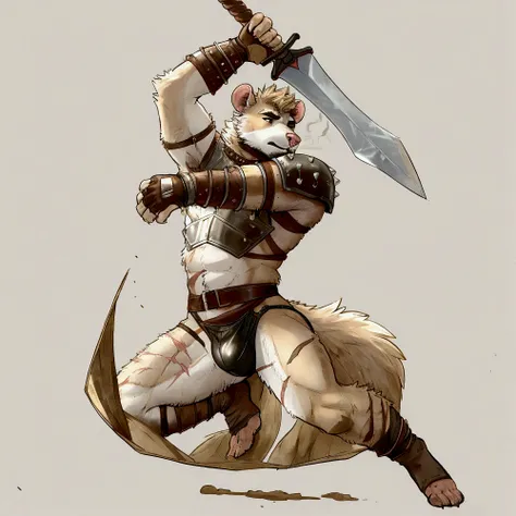 Solo Sexy young anthro furry rat male mercenary medieval solider, slim slim muscular, anthro handsome gay shorter muzzle, handsome gay model male apperance, sword scars, worn out leather skimpy armament, low on hips heavy leather belt, old very worn out sk...