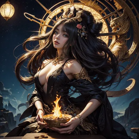 (Tabletop, Highest qualityの, Highest quality, Official Art, (beautifully、beautiful:1.4), (oil:1.4) ),  (Tsukuyomi:1.5), God of Japanese God Stories, fleeting beauty, A mysterious being illuminated by the starry sky, god&#39;Grace, Calm and thoughtful expre...