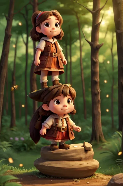 A dwarf girl is walking into the forest and is on top of a groundhog and there are fireflies