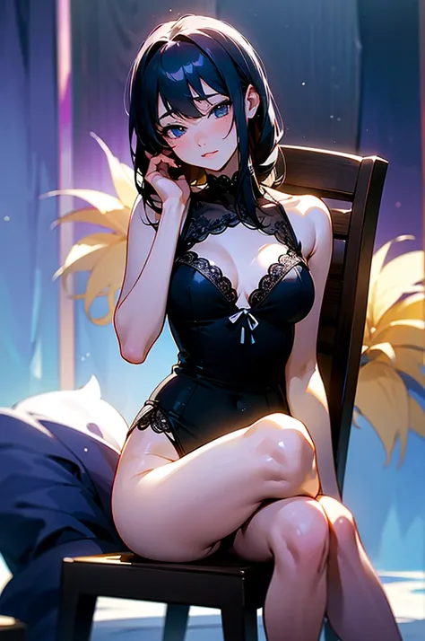 暗いnightの部屋、night、night中、8k,  Highest quality, Realistic, Very detailed、Simple room、Young and beautiful girl、Large Breasts、Please show me the amount、Fluffy carpet、Sit on a chair and spread your legs、Sky blue lingerie with lots of embroidery、I spread my legs...