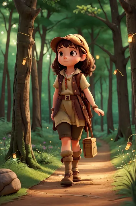 A dwarf girl is walking towards the forest ,and the dwarf girl is on top of a groundhog ,and there are fireflies