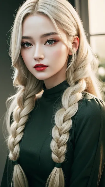 Female:Perfect face,woman with very long blonde -black hair and very large blonde-black hair,very long braids hairstyles,gray eyes, red lips,wearing dress green-black with flowers ,8k, ultra detailed, ultra high quality, cinematic lighting 