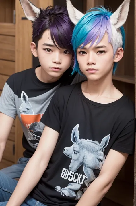 I want a boy with a donkey shirt with colorful hair and a donkey print shirt